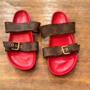 Women's Brown Monogram Slide Sandals with Red Footbed
